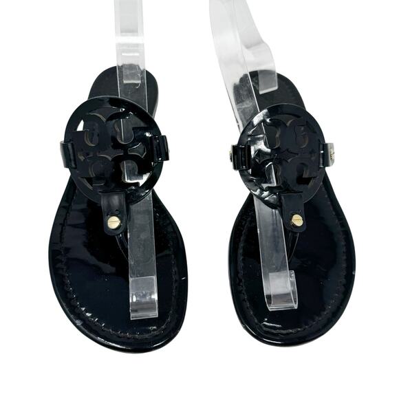 TORY BURCH Black Patent Leather Miller Classic Designer Logo Sandals Size 8.5 - Picture 2 of 10
